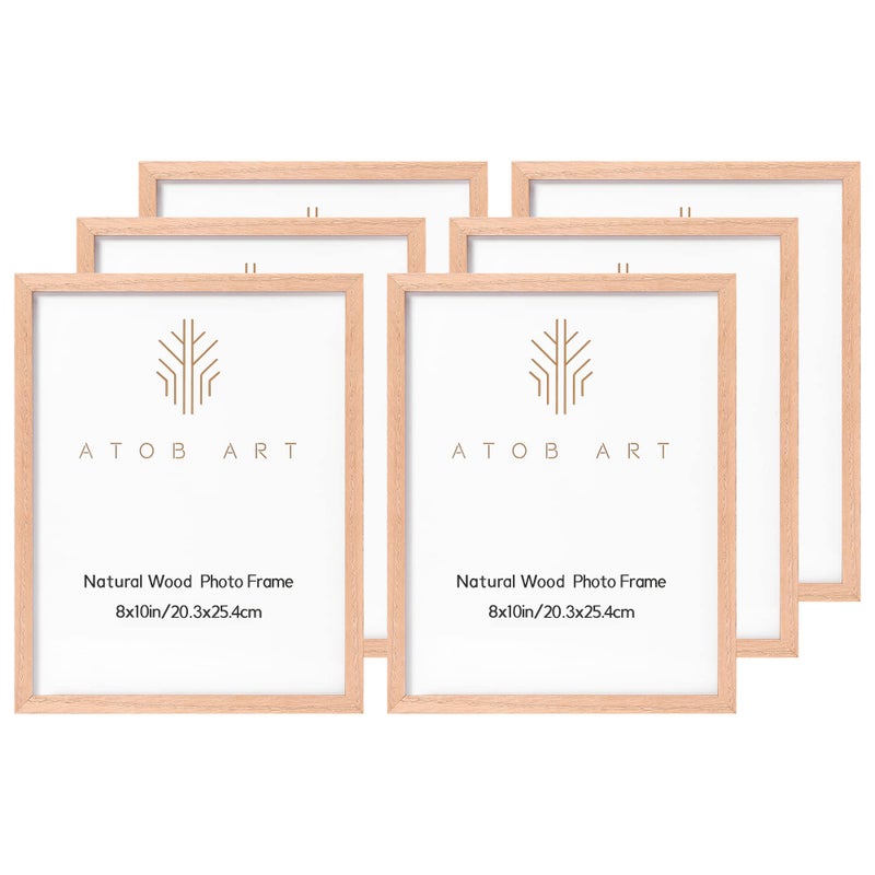 ATOBART 8x10 Picture Frames Solid Wood, 6 Pack OAK Photo Frame Set with Real Glass Cover, Natural Wood Color Frames, for Wall Mounting or Tabletop Display - Image 1